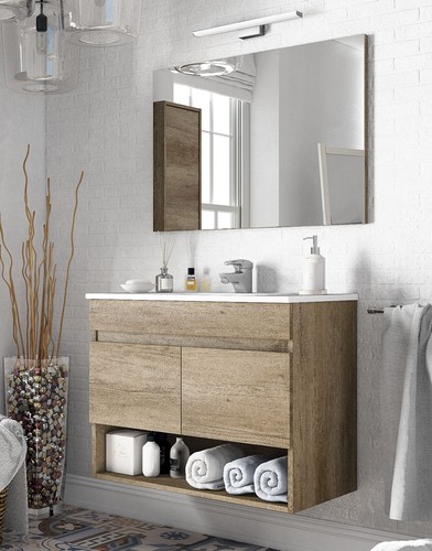 Mueble lavabo baño con espejo y hueco abierto 80x45x64 cm CON LAVAMANOS PMMA - Imagen 1 de 3