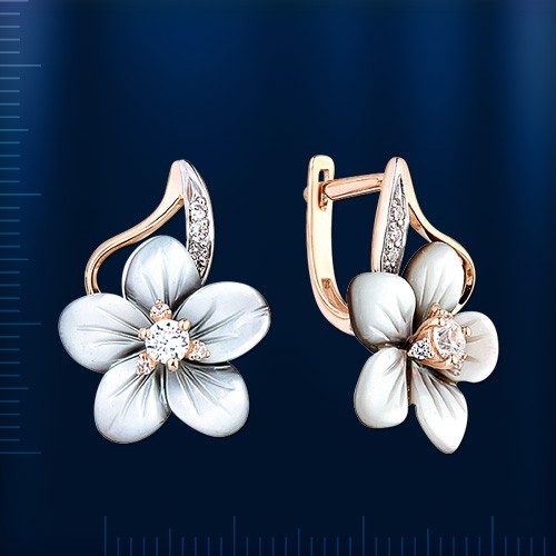 Black mother of pearl, CZs flower earrings solid rose gold 585/14k NWT - Picture 3 of 7