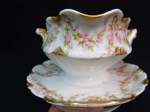 HAVILAND LIMOGES Schleiger 145 Pink Floral Gravy Boat & Attached Underplate 10" - Picture 14 of 17