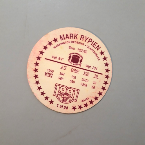 1991 King B Disc Football Card Mark Rypien #1 Washington Redskins Quarterback - Bild 2 von 2