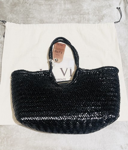 Black Genuine Leather Woven Weaved Nantucket Tote Bag BNWT La Via Italy, New - Picture 2 of 7