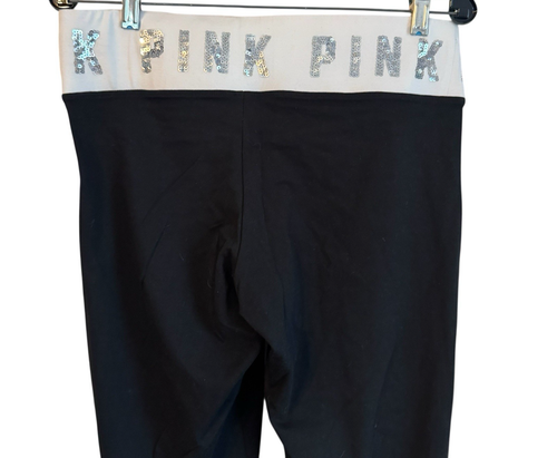 Victoria's Secret Pink Black Yoga Pants Silver Glitter Waist size L - Imagen 2 de 7