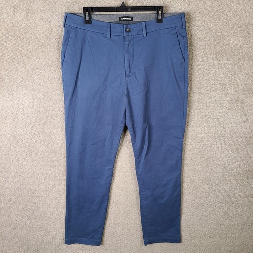 Express Hose Herren 34x32 (35x30) Blau Slim Chino Baumwollmischung Flatfront Stretch