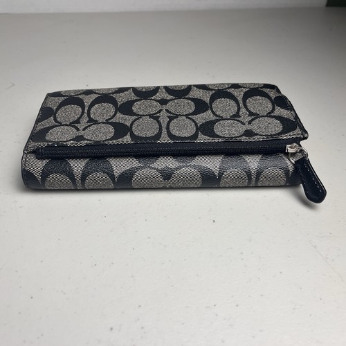 Coach Signature große dreifach faltbare Leder schwarz grau Scheckbuch Brieftasche Einsatz Knopf - Bild 12 von 22