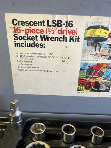 Vintage Crescent LSB-16 16 Pc 1/2" Drive Socket Wrench Set W/ Metal Case - Picture 2 of 20