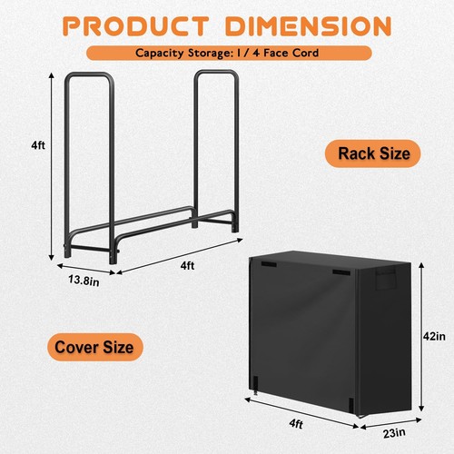 4FT Firewood Rack Outdoor with Cover, Metal Heavy Duty Fire Wood Storage Log ... - Picture 2 of 6
