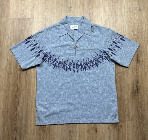 Andrade Herren Vintage Tribal Tiki Warrior Popover blau Hawaiihemd Medium