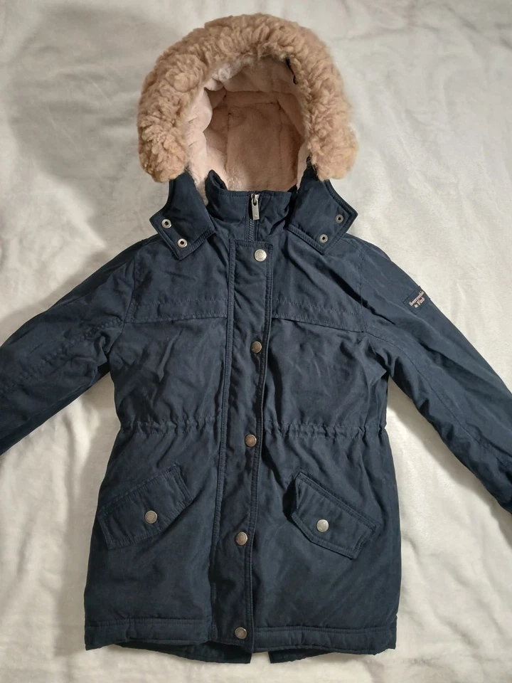 Abercrombie Kids Navy Blue with Pink Faux Fur Hooded Girls Parka Coat Size 9/10 - Image 2 of 4