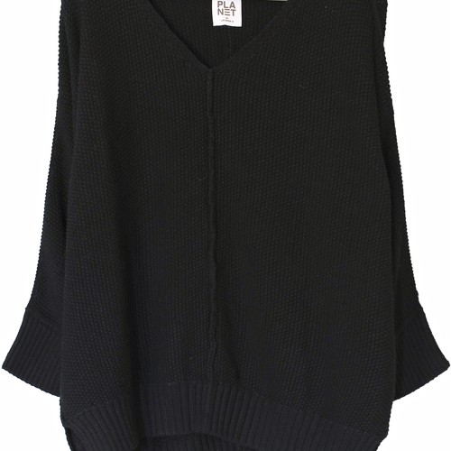 PLANET By Lauren G Pima Cotton PEBBLE V-NECK SWEATER Long Slv O/S $288 BLACK - Picture 6 of 7