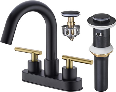 Bathroom Faucet, 3-Hole Black and Gold Vanity Faucet with Metal Sink Drain, 2-Ha