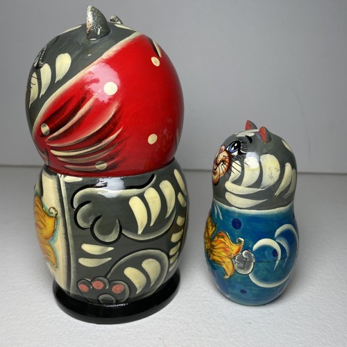 6 Zoll russische verschachtelte Puppen Matroschka bemalt grau Streifen Katze mit Fisch 5er Set - Bild 4 von 13