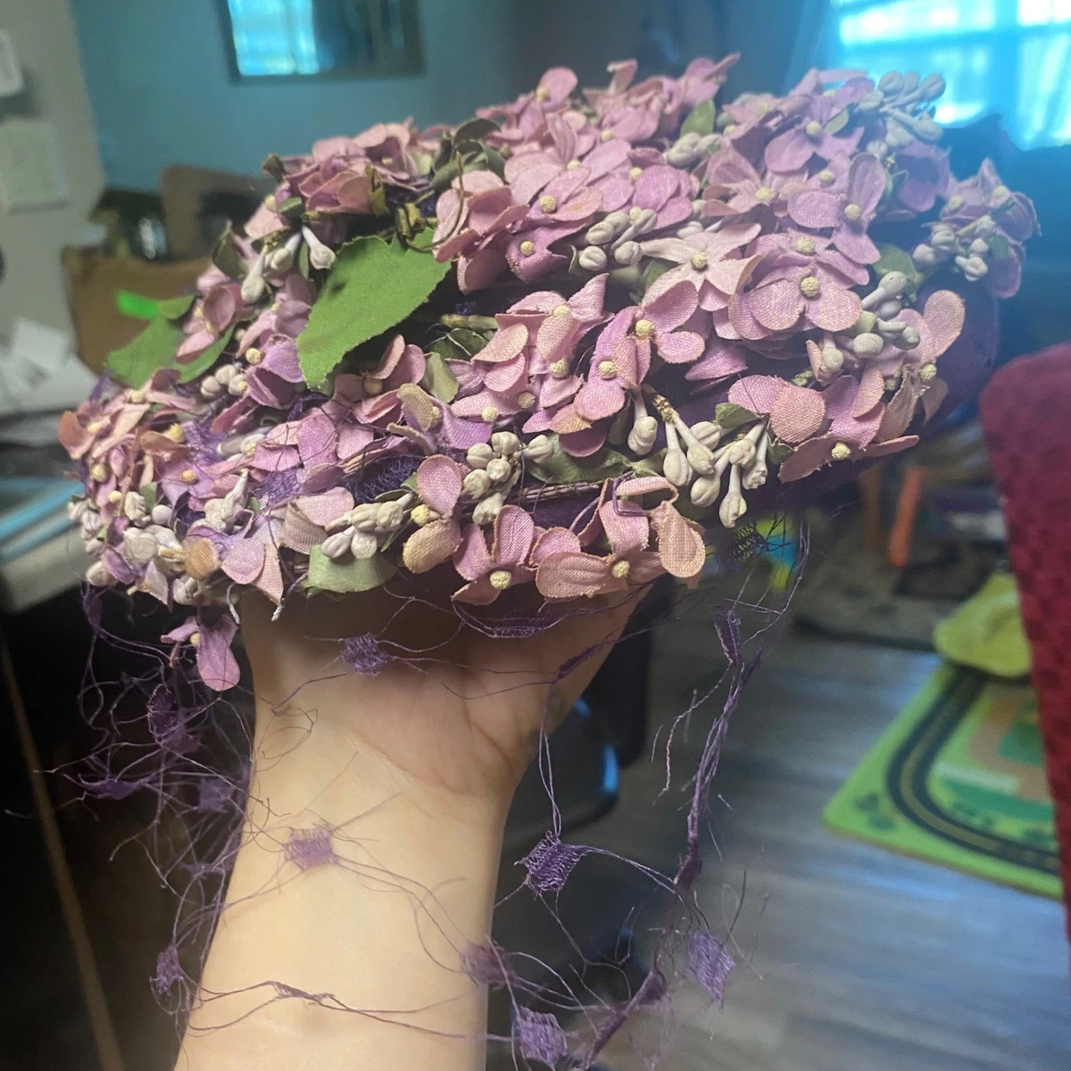 Vintage 1950’s Netted Pillbox Hat Mauve Nutmeg Silk Floral Vintage Blue Floral Netting Hat, 1950s, any size head main image 2