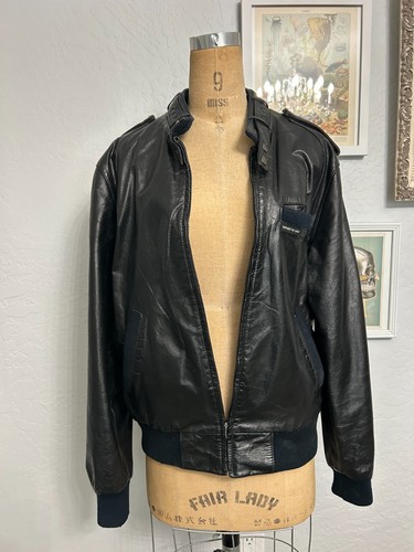 Members Only jacket Men’s 42 black leather racer bomber jacket knit cuffs - Picture 3 of 16