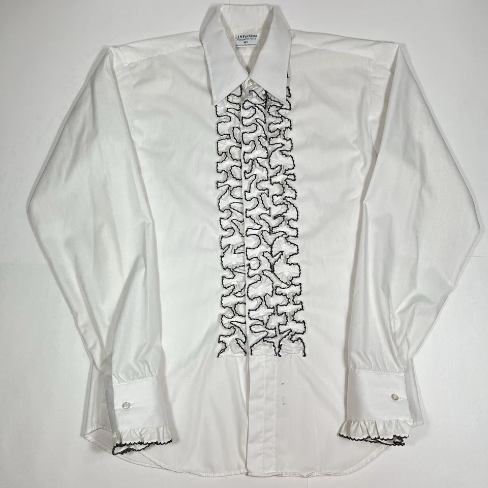 Vtg 70’s L&M Fashions White Tuxedo Ruffle Button Down Shirt Permanent Press M5 - Image 4 of 4