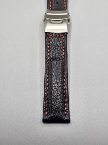 Watchband Berlin 22mm Black & Red Calfskin Grained Genuine Leather W/ Clasp - Picture 4 of 9