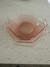 3 Pieces Pink Depression Glass Octagonal w/Handles 2 Plates And A Bowl