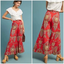 Anthropologie Manon Flared Paisley Pants Red Size 6 Boho Wide Leg Flowy Lined