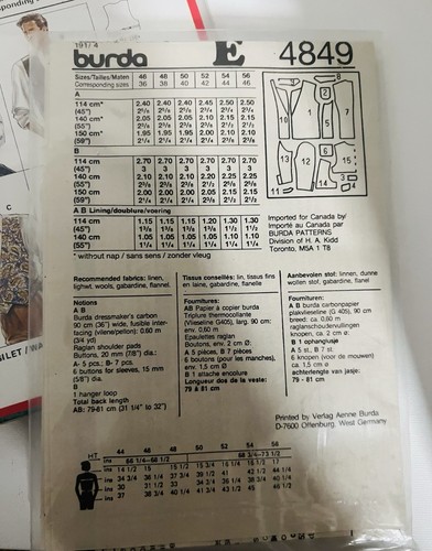 Vintage Burda 80's, Men's, Double Breasted Jacket Sewing Pattern 4849. - Picture 3 of 3