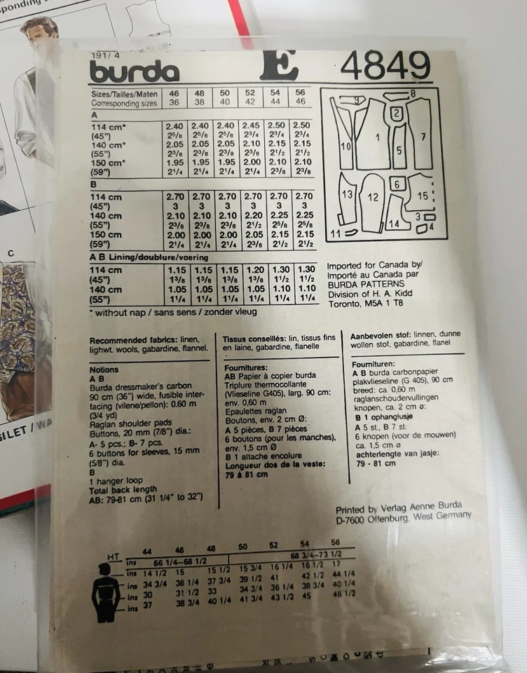 Vintage Burda 80's, Men's, Double Breasted Jacket Sewing Pattern 4849.  - Image 3 of 3