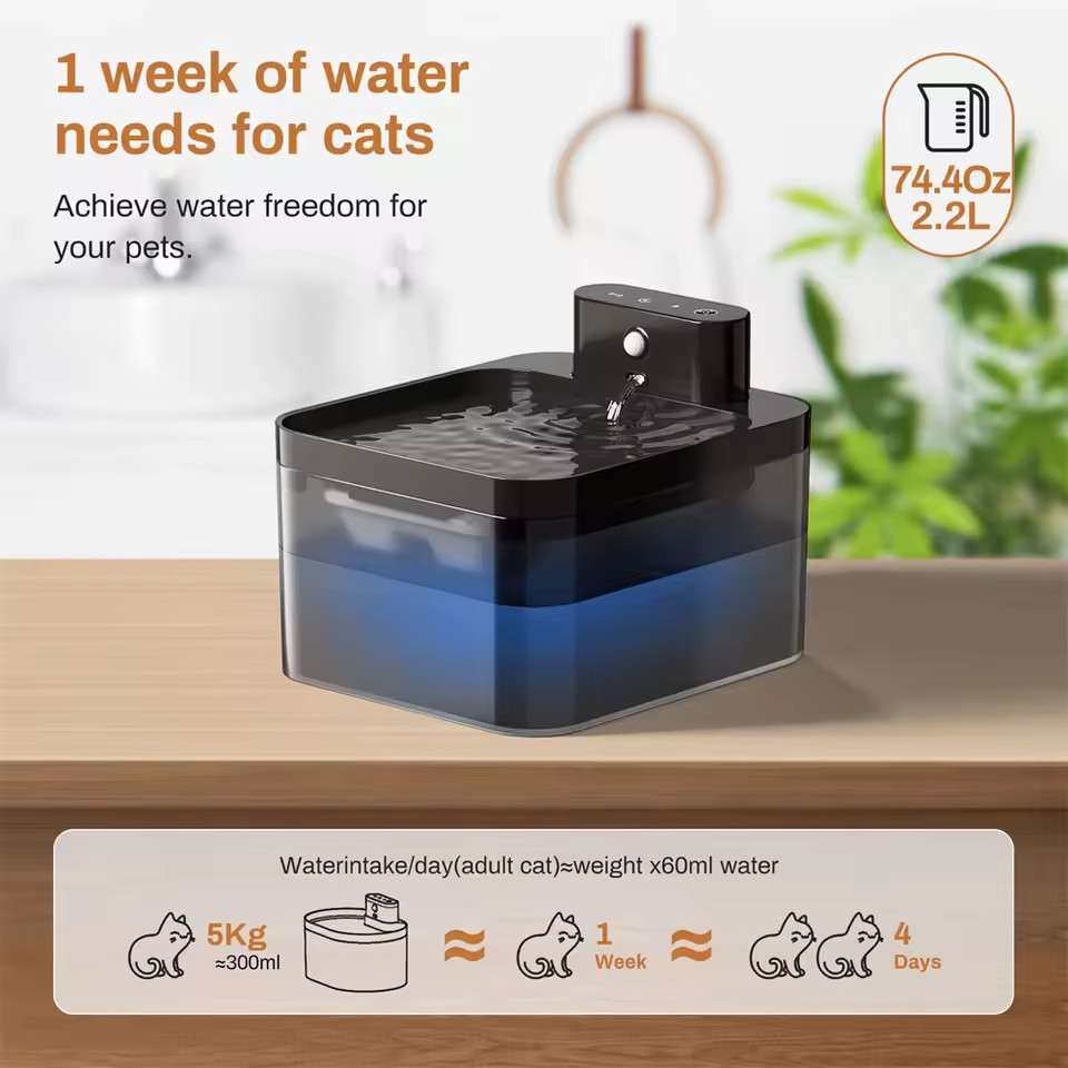 Fontaine à eau pour chat sans fil dans le salon : autonomie de 2.2L