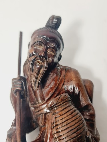Vintage Asian/Chinese Hand Carved Rosewood Old Man Figurine with Cane & Jug - Picture 12 of 22
