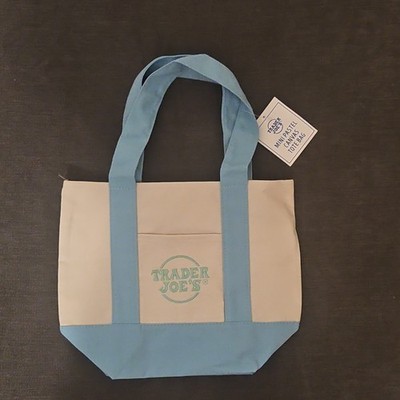 Trader Joe's Mini Pastel Canvas Tote Bag Small Blue Beige Foldable