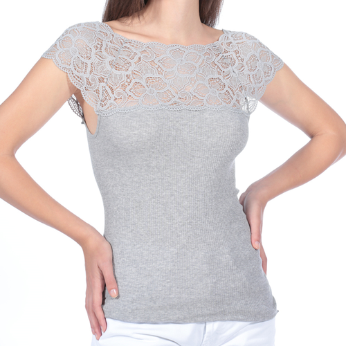 Maglia intima donna maglietta elegante manica corta pizzo cotone costina t-shirt - Foto 5 di 12