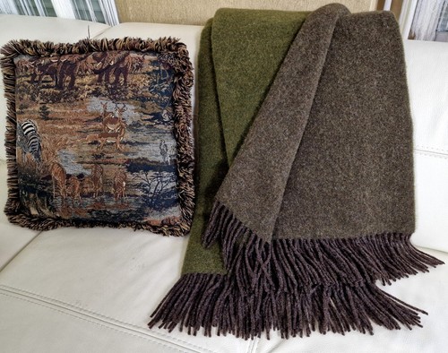 Wolldecke 100% Schurwolle Wohndecke Plaid Decke 140x200cm Braun-Olive - Bild 3 von 5