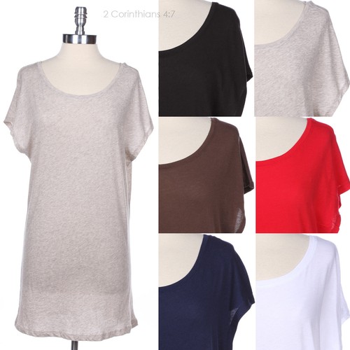 Casual Solid Plain Short Sleeve Long Tunic Cotton Top Wide Round Neck Comfort