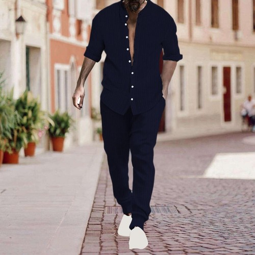 Conjuntos informales de 2 piezas de algodón y lino para hombre camisas Henley pantalones conjuntos playa - Imagen 25 de 60