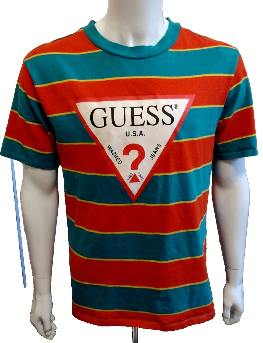 VTG Guess USA Striped T Tee Shirt Medium Mens Wide Red Green Skater Ringer