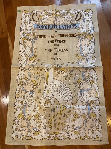 👑 NWT Charles & Diana ROYAL BIRTH Prince William/Harry Irish Linen Tea Towel 👑