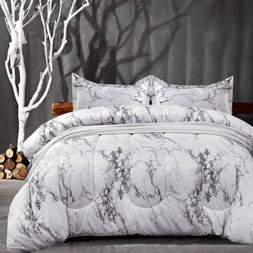 Comforter Set King Size, White Black Marble Print 104 X 90 Inch Reversible down  - 第 1/8 張圖片