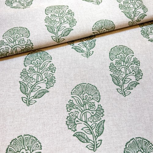 1326.Kerala GREEN BLOCK PRINT Linen look 100% Cotton Fabric. Price per 1/2 metre - Picture 2 of 9
