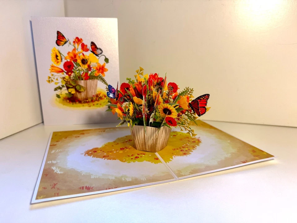 ORIGAMI POP CARDS Fall Flowers in Bucket Butterflies Happy Birthday Thank You 3D - Image 2 of 4