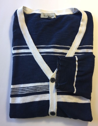 Le Chateau Montreal Men Sweater Cardigan L Blue White Long Sleeve 100% Cotton - Picture 1 of 10