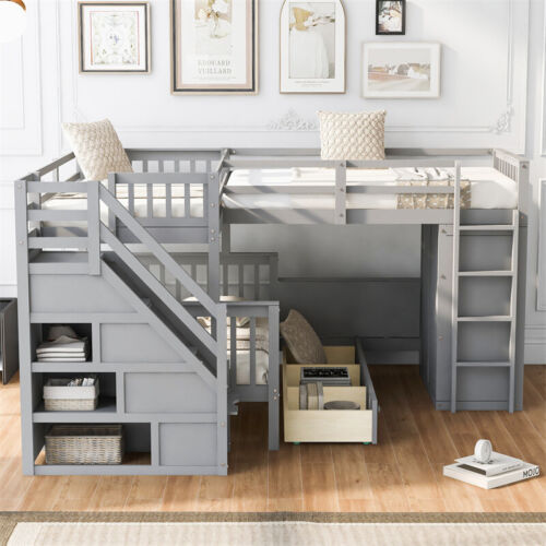 Twin-Twin over Full Size L-Shaped Bunk Bed w/Portable Desk,3 Drawers & Wardrobe - Picture 22 of 22