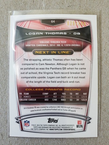 2014 Bowman Logan Thomas #64 RC Red /199 - Picture 2 of 4