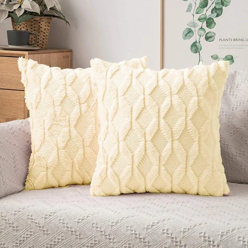 Set of 2 18x18" Luxury Textured Chenille Fur Geo Cushions Pillow Square Sofa Bed - Picture 6 of 17
