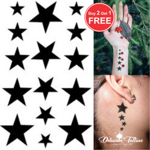 BLACK STAR TEMPORÄRE TATTOOS, x2 BLÄTTER, FINGER, OHR, HALS, HERREN, DAMEN, KINDER - Bild 1 von 5