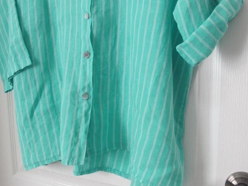 Made in Italy XL grün gestreiftes Hemd Knopfleiste Kragen Leinen Damen kurz Rollriegel Slv - Bild 3 von 11
