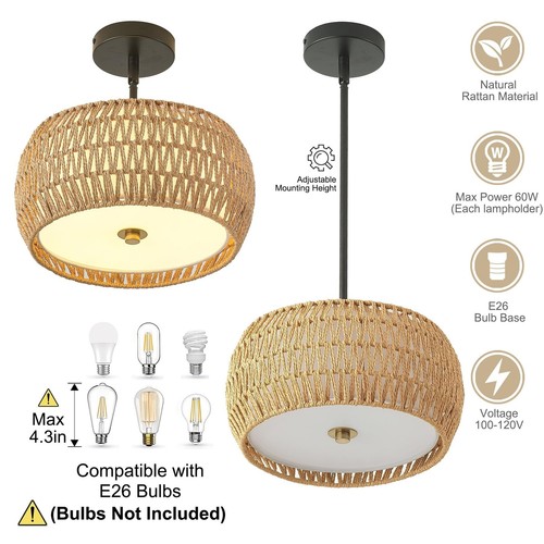 Rattan Pendant Light Kitchen Island,12.8" Hand-woven Modern Semi Flush Mount ... - Picture 5 of 9