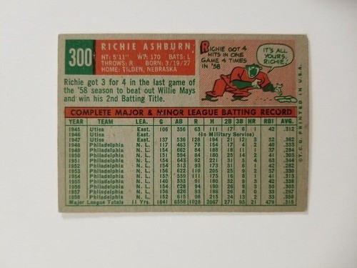 Tarjeta de béisbol Richie Ashurn 1959 Topps #300 Philadelphia Phillies - Imagen 2 de 2
