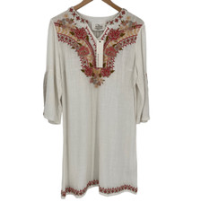 Paparazzi Gianna Linen Blend Embroidered Knee Length Dress Ivory Boho Medium