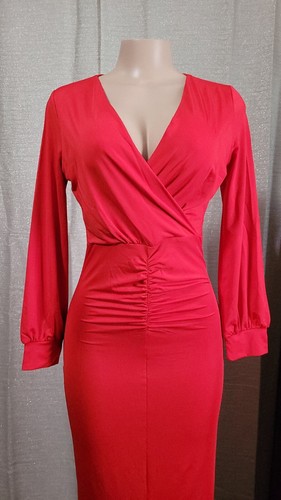 Women Deep V Neck Long Sleeve Solid Sexy Split Ruched Bodycon Party Maxi Dress - Picture 6 of 11