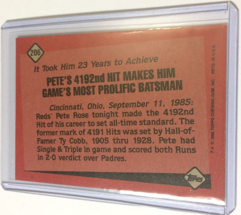1986 TOPPS BASEBALL 206 PETE ROSE * 1985 RECORD BREAKER * MOST HITS