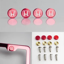 Laser Etched 4pc Red Aluminum Custom Logo License Plate Frame Fastener Screw Cap
