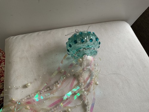 Turquoise Glass Gemmed Jellyfish Bauble With Tentacles,Hangs - Picture 5 of 6