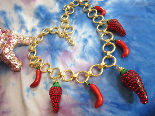 Chili Peppers Necklace Pendant Gold Red Crystal Charms Statement Chili- NEW - Picture 5 of 5