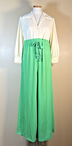 Vintage 70s Bell Bottom Palazzo Jumpsuit Groovy Hippy Small Green Big Collar - Picture 2 of 24